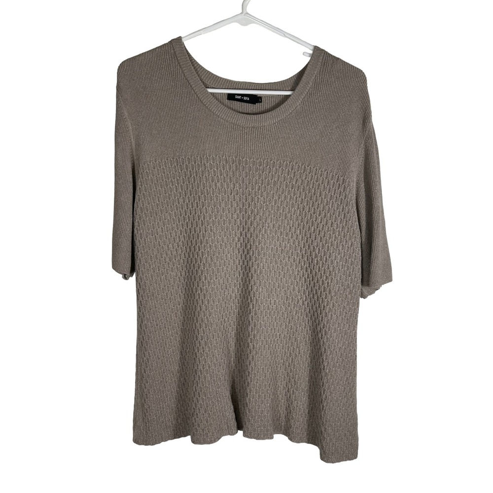 Saint + Sofia Taupe Ribbed Honeycomb Knit Short Sleeve Sweater Large Womens